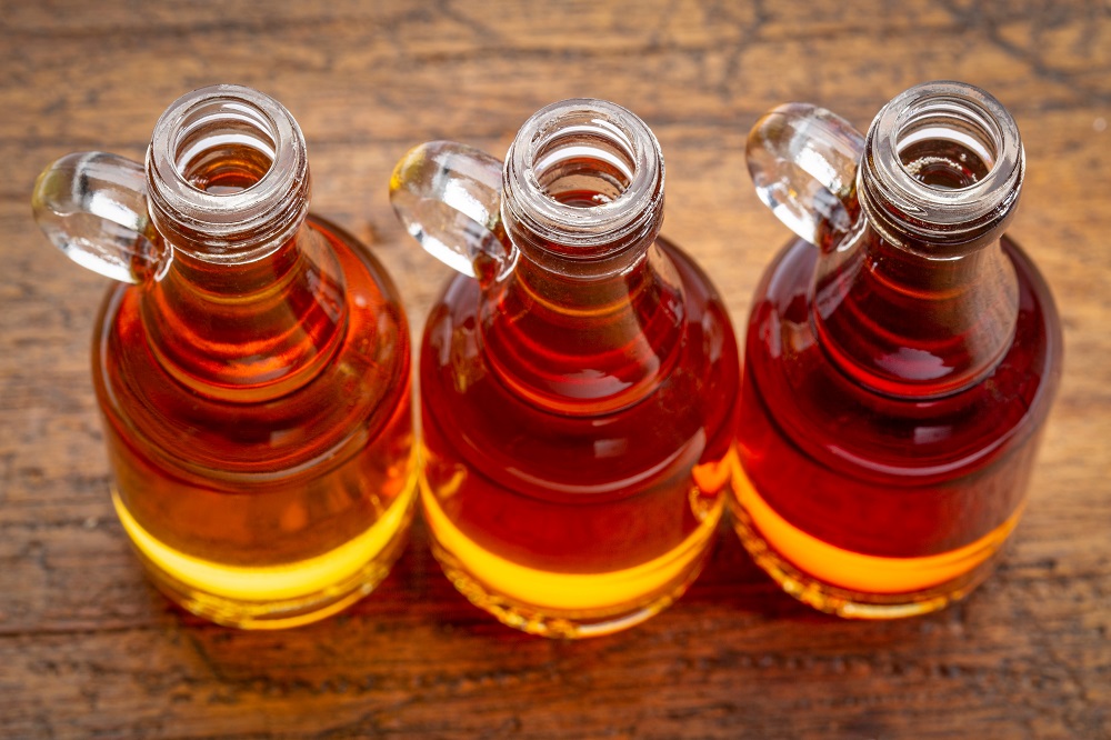maple syrup in glass bottles